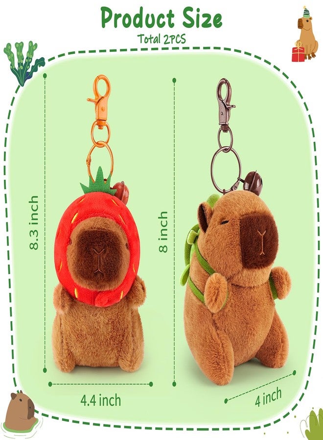 Achwishap 2PCS Capybara Plush Keychain,Cute Keychain Capybara Stuffed Animal,Soft Capybara Plush Toys Key Chain,Kawaii Plushie Stuffed Toys for Kid Birthday Gift Adult Valentine(Turtle,Strawberry Hat) - Image 2